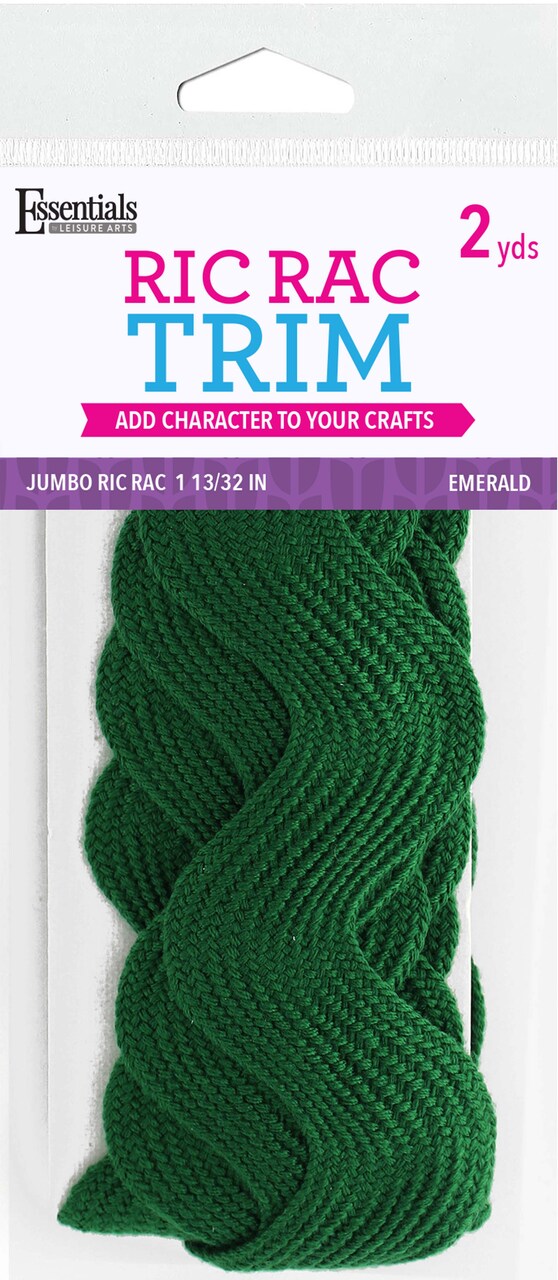 Essentials By Leisure Arts Ric Rac Jumbo 1 13/32" 2 yards Emerald - rick rack trim for sewing - wavy ric rac trim for sewing and crafts - ric rac ribbon - rick rack trim emerald